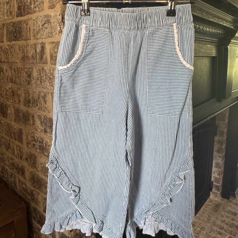 Matilda Jane Light Blue and White Striped Ruffle Capri Pants